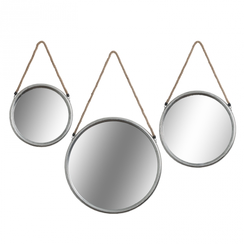 Large Silver Round Mirror with Rope Hanger