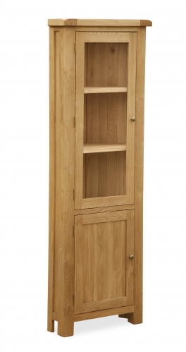 Country Rustic Waxed Oak Glazed Corner Cupboard