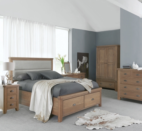 Milby Oak 5'0 Bed With Fabric Headboard and Drawers