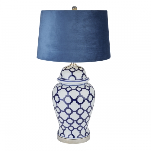 Malabar Blue And White Ceramic Lamp With Blue Velvet Shade