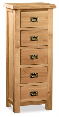 Country Rustic Waxed Oak 5 Drawer Narrow Tall Chest